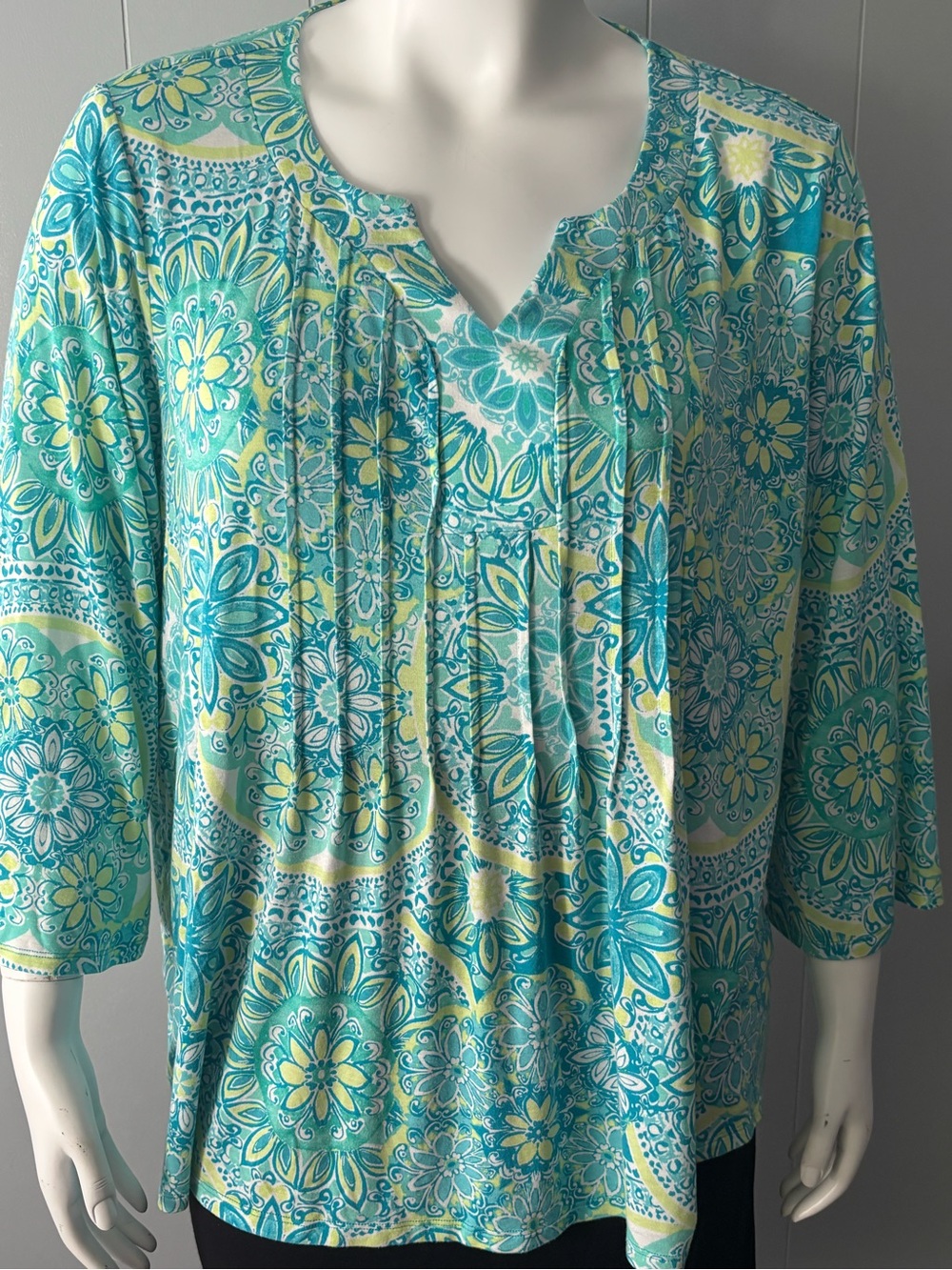 Ruby Rd. Turquoise and Yellow Floral Pintuck V-Neck Tunic